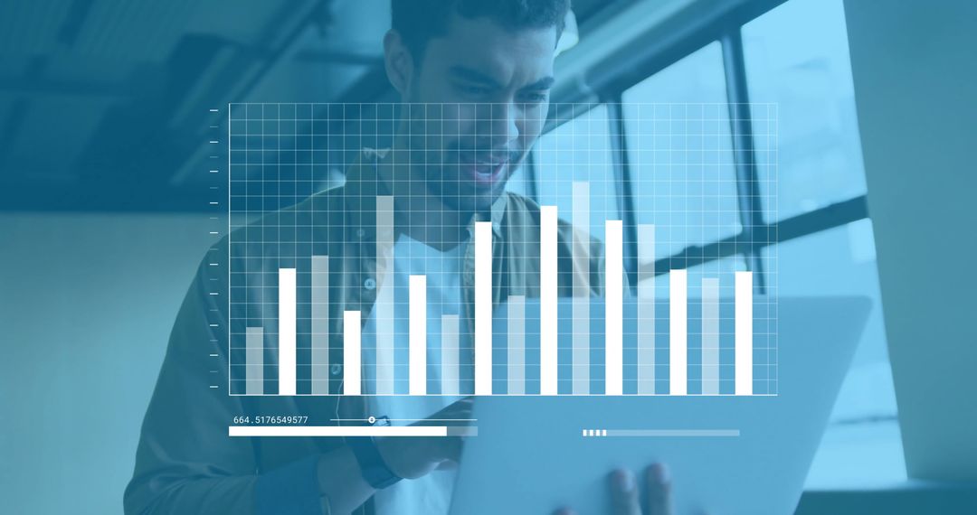 Businessman Analyzing Virtual Financial Data on Laptop