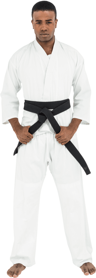 Karate Fighter Tightening Black Belt on Transparent Background
