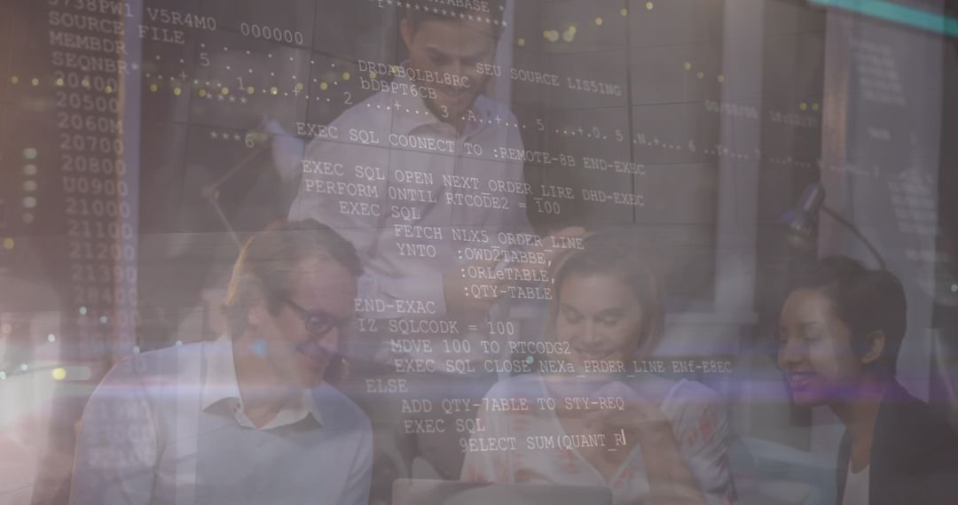 Diverse Team Reviewing Digital Data in Modern Office Environment