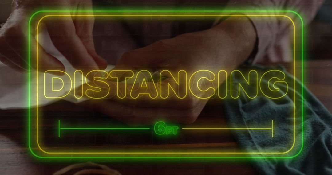 Neon Social Distancing Sign Over Mask Crafting Scene