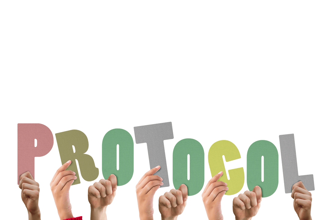 Transparent Hands Holding Colorful Protocol Letters Illustration