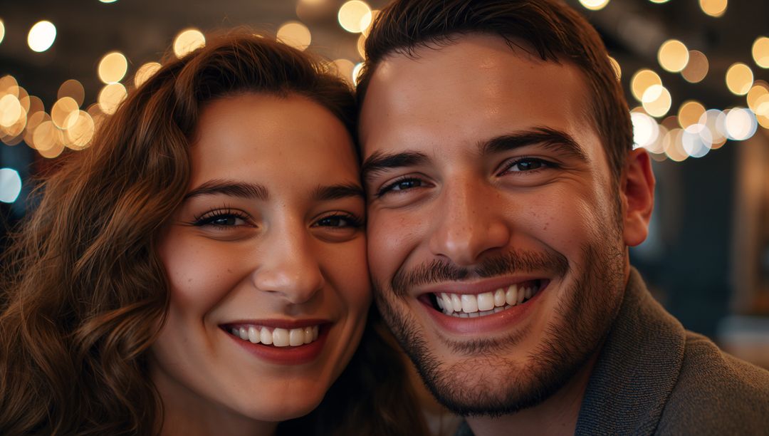 Young Couple Smiling Closeup with Warm Bokeh String Lights Romantic Cafe Intimate Portrait