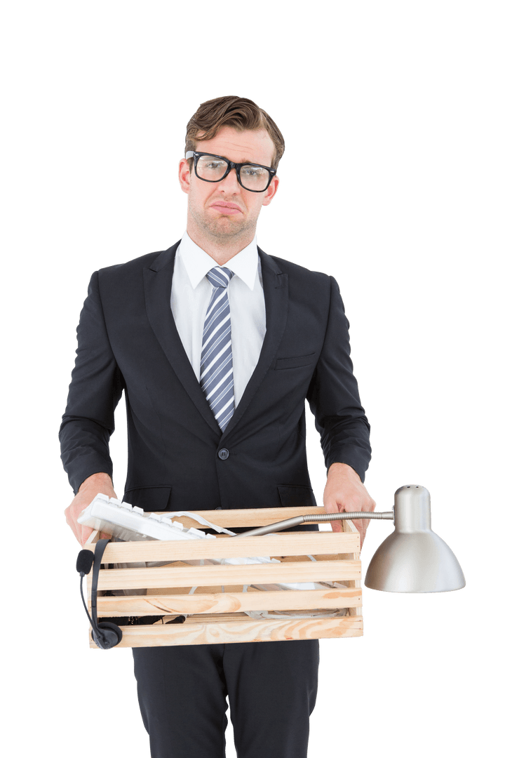 Transparent Geeky Businessman Holding Box of Office Belongings