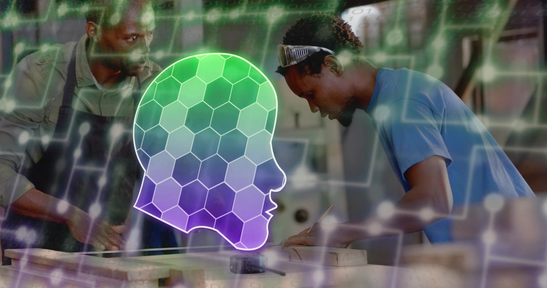 Apprentice marking wooden plank with mentor guiding and AI head overlay