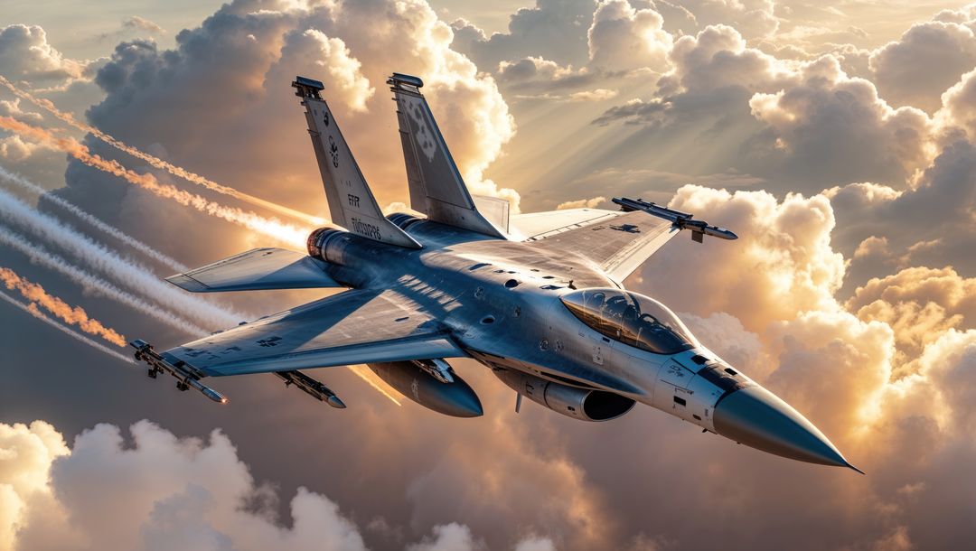 F16 fighter jet soaring with contrails through vibrant clouds