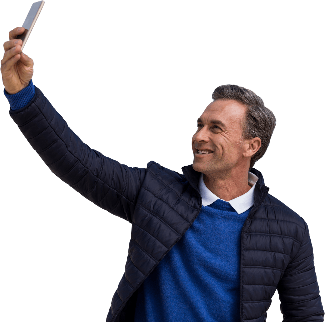 Smiling Man Taking Transparent Selfie with Phone Outdoors