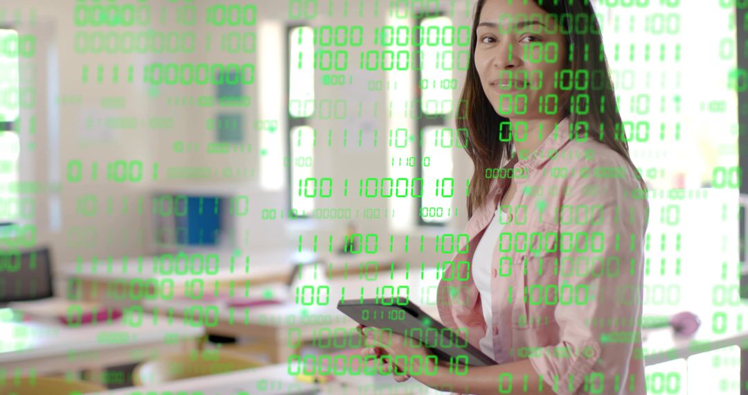 Instructor Holding Tablet Teaching Digital Coding with Green Binary Overlay in Classroom