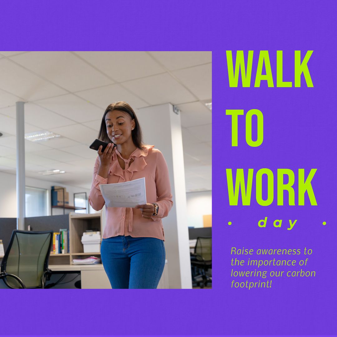 Businesswoman Walking in Office for Walk to Work Day Promotion