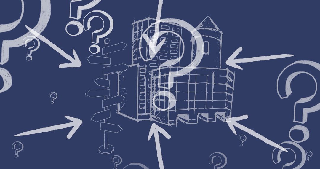 Question Marks and Arrows over City Illustration