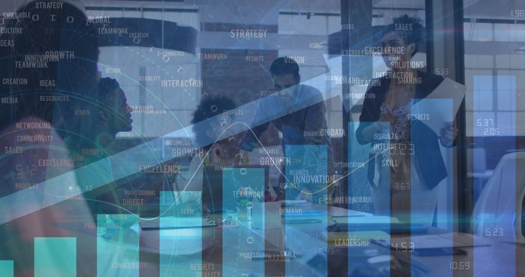 Team Discussing Business Growth with Stats and Graph Overlay