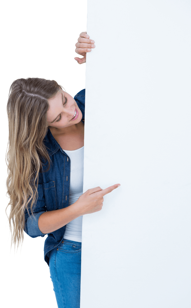 Smiling Caucasian Woman Pointing to Blank Poster on Transparent Background