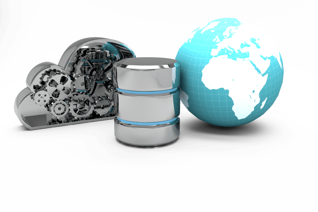 Transparent Metallic Cloud Gear and World with Database Symbol