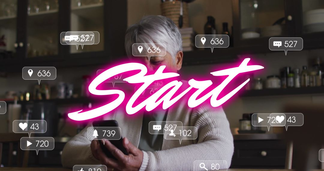 Senior Woman Using Phone with Rising Social Media Notifications