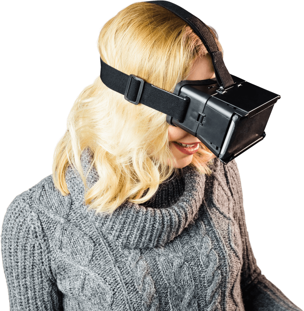 Smiling Woman Using Virtual Reality Headset with Transparent Background