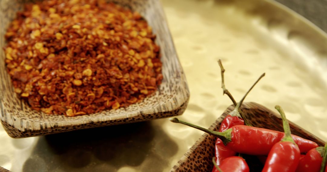 Chili Flakes and Red Chili Peppers in Rustic Wooden Bowls - Free Images, Stock Photos and Pictures on Pikwizard.com