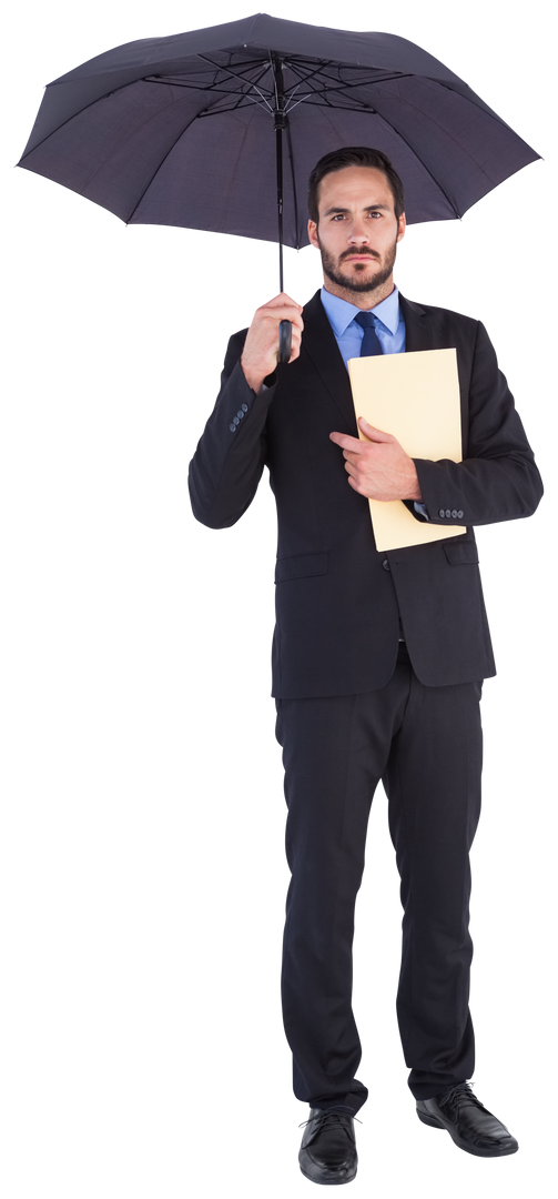 Serious Businessman Holding File Under Transparent Umbrella in Black Suit - Download Free Stock Images Pikwizard.com