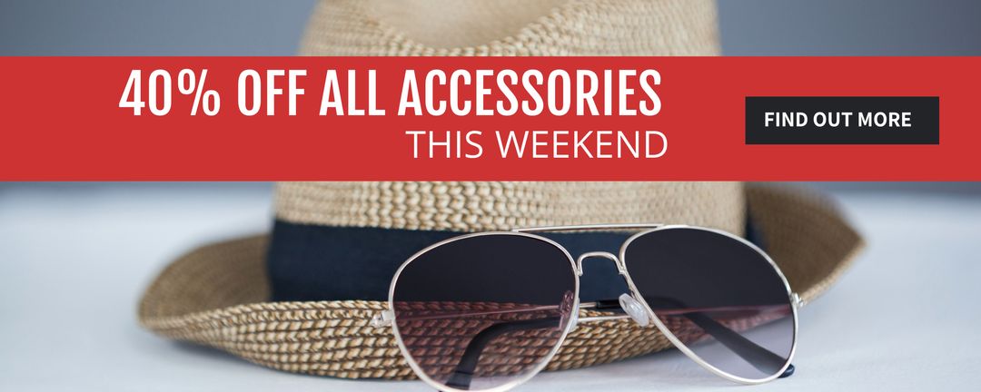 Weekend sale on fashion accessories featuring hat and sunglasses