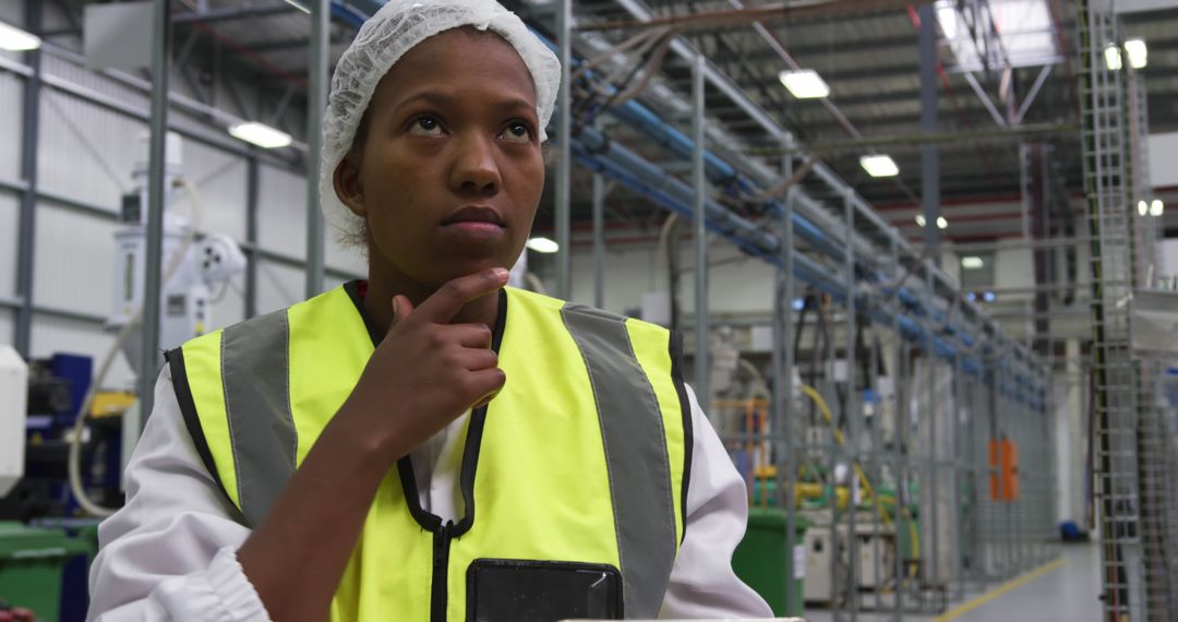 Focused Factory Worker in High-Visibility Vest Contemplating in Modern Industrial Facility - Free Images, Stock Photos and Pictures on Pikwizard.com