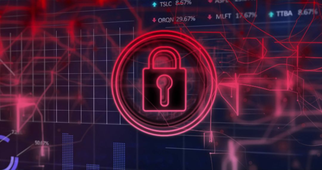 Neon Red Cybersecurity Padlock on Digital Dashboard Network