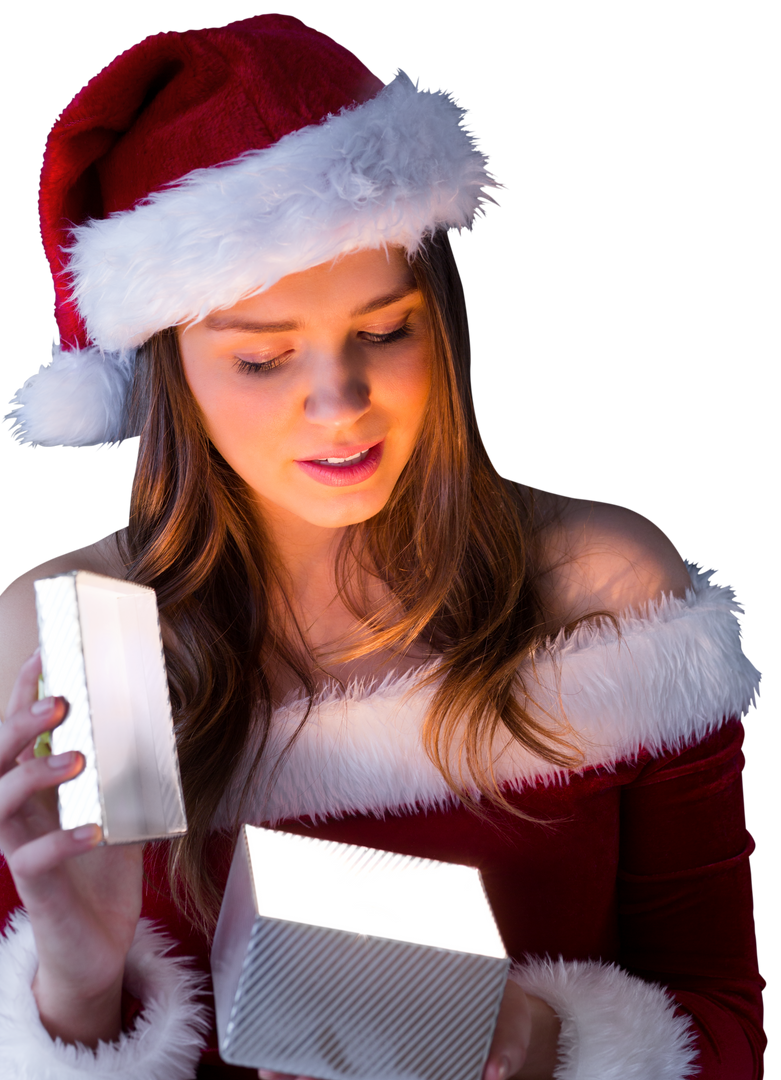 Transparent Santa Girl Opening Gift with Curiosity and Joy - Download Free Stock Images Pikwizard.com