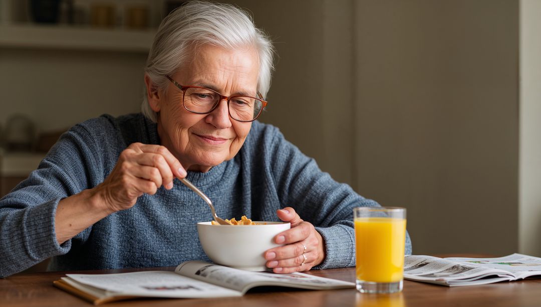 Senior woman enjoying breakfast cereal and orange juice while reading magazine at table