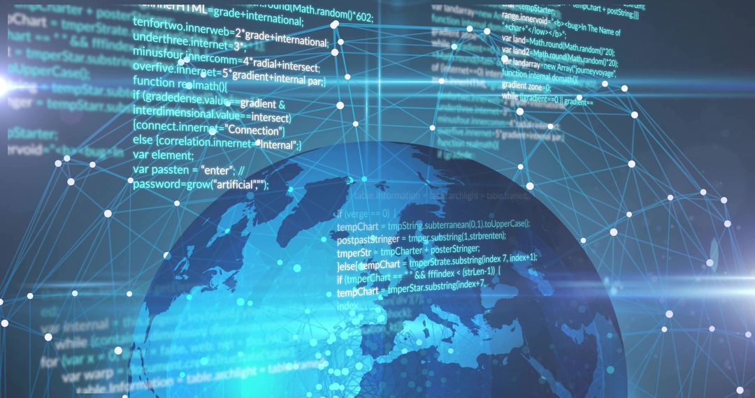 Digital Globe Showing Code Overlay and Network Mesh for Cybersecurity Data Visualization