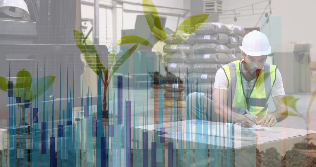 Logistics Professional Analyzing Delivery Data with Growth Graphics Overlay