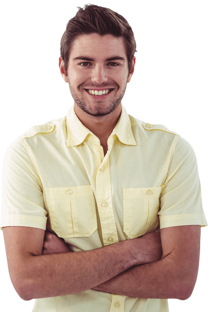 Confident Man in Yellow Shirt with Arms Crossed Transparent Background