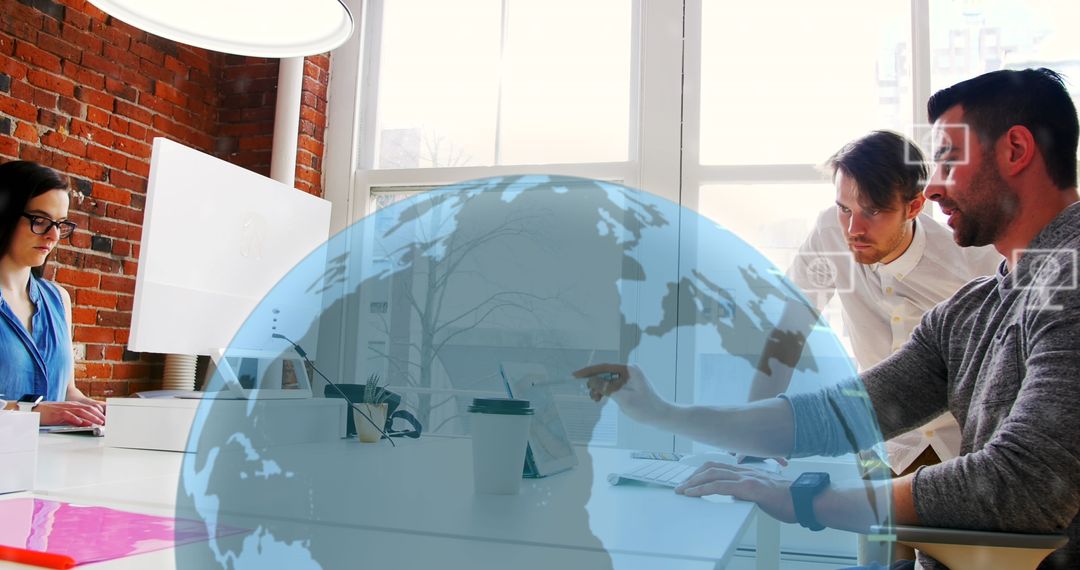 Global Business Team Analyzing Digital Interface in Modern Office