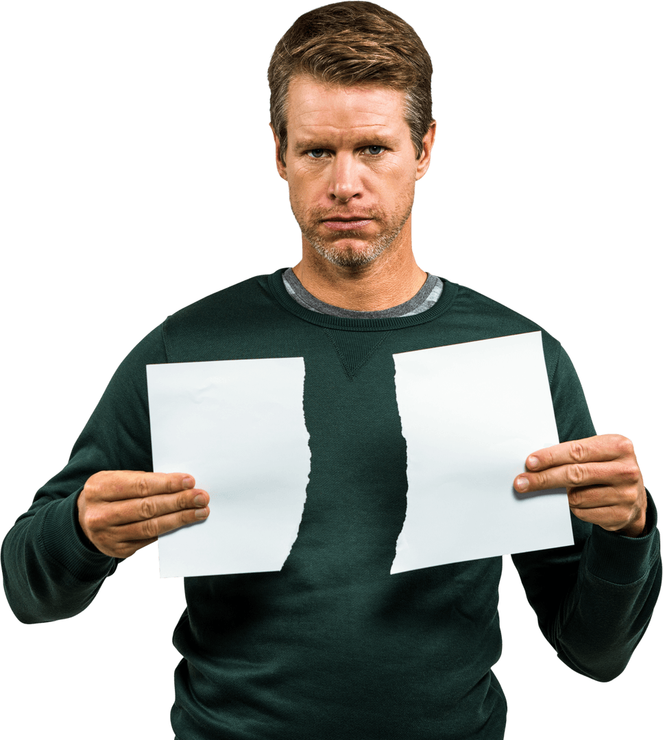 Man Holding Torn Documents Against Isolated Transparent Background