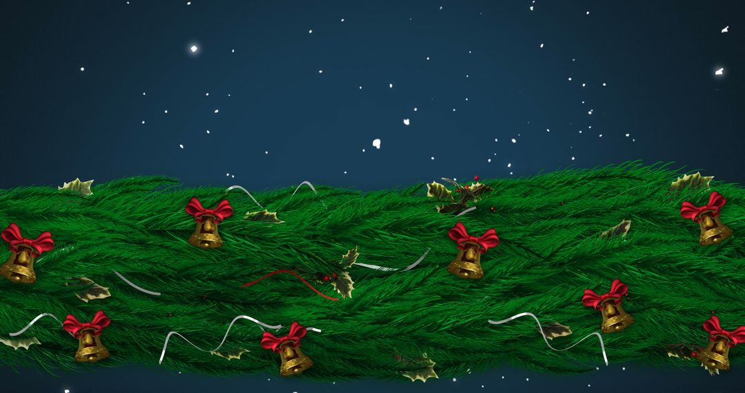 Festive Garland with Bells and Holly Under Snowfall