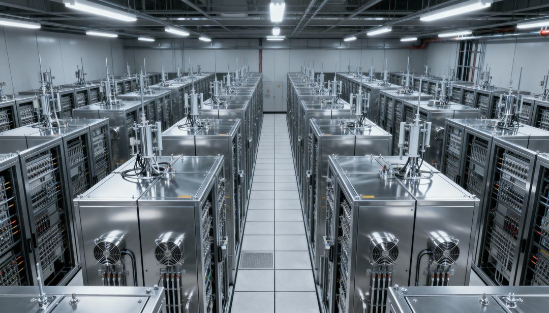 Showcasing symmetrical rows of metallic server cabinets lining central aisle in data center with coo