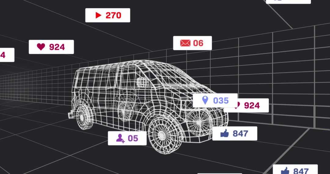 Futuristic Virtual Grid with Wireframe Van and Social Media Icons