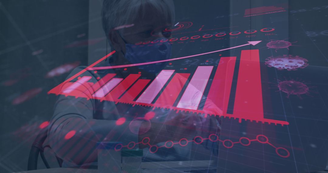 Masked Woman Analyzing Rising COVID Cases on Virtual Graph