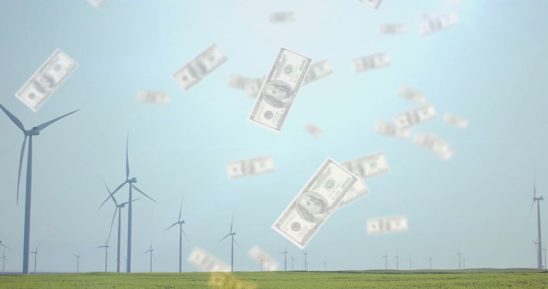 Dollar Bills Falling Over Wind Turbines in Renewable Energy Field