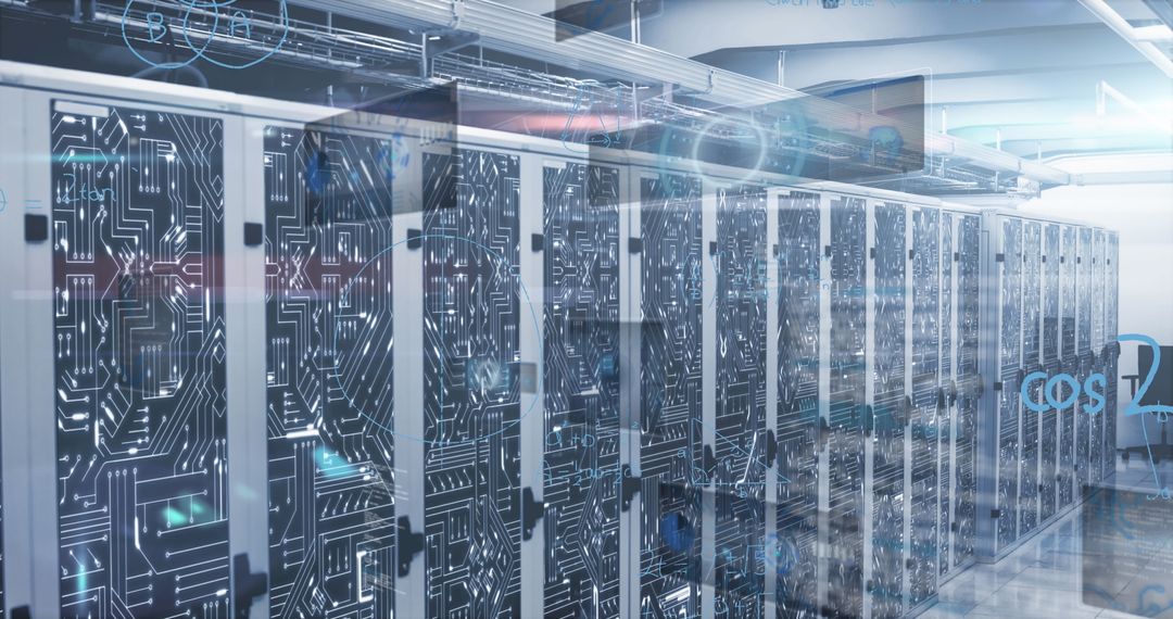 Futuristic Server Room with Digital AR Interface Overlay