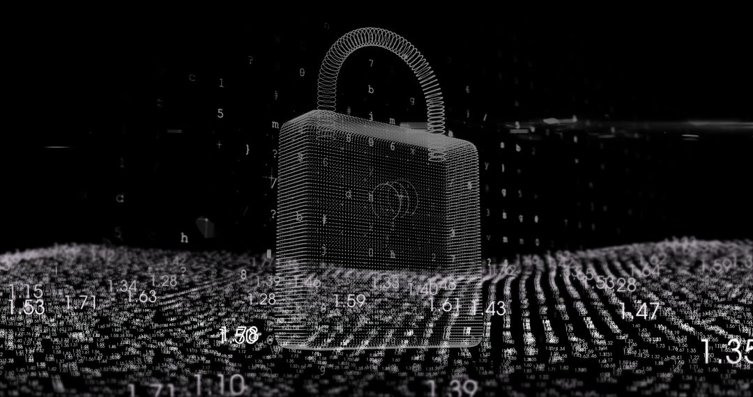 Floating Wireframe Padlock in Digital Cyberspace Landscape