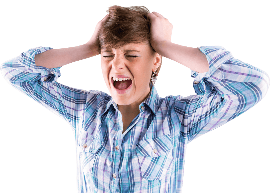 Frustrated Woman Shouting with Hands on Head Transparent