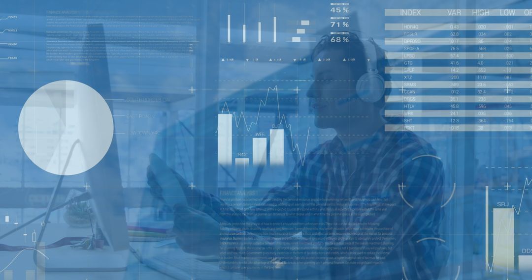 Man in Headphones Analyzing Data on Computer at Office