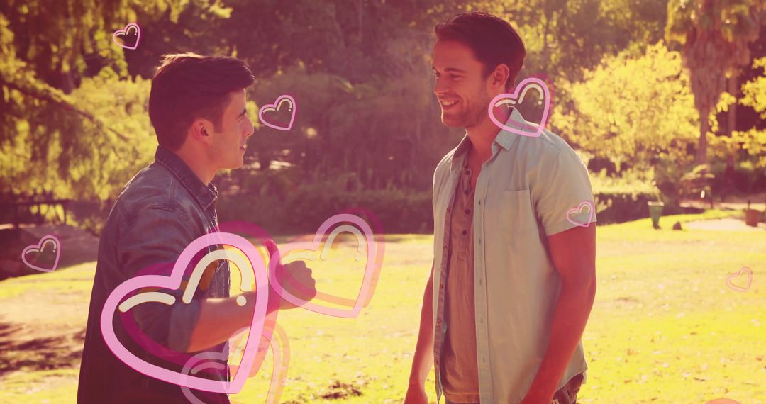 Smiling Male Couple Connecting in Park with Digital Heart Graphics