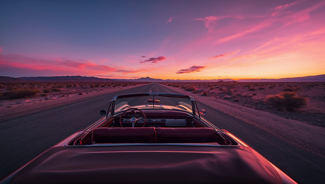Classic Red Convertible Driving Down Open Desert Highway at Vibrant Sunset