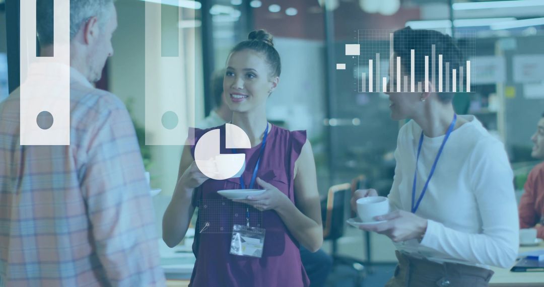 Colleagues Networking Over Coffee While Discussing Data Visualization and Charts in Office