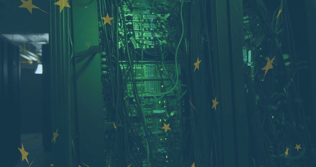 Green LEDs Illuminate Data Center Server Rack with Intricate Cables