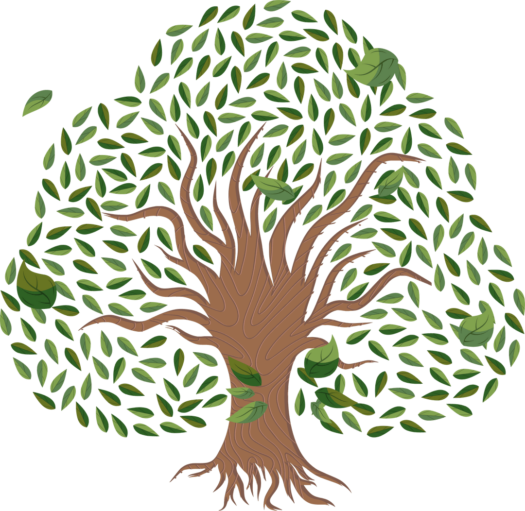 Stylized Tree Illustration with Floating Green Leaves on Transparent Background