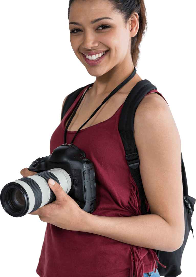 Transparent Smiling Female Photographer with Camera Ready for Action