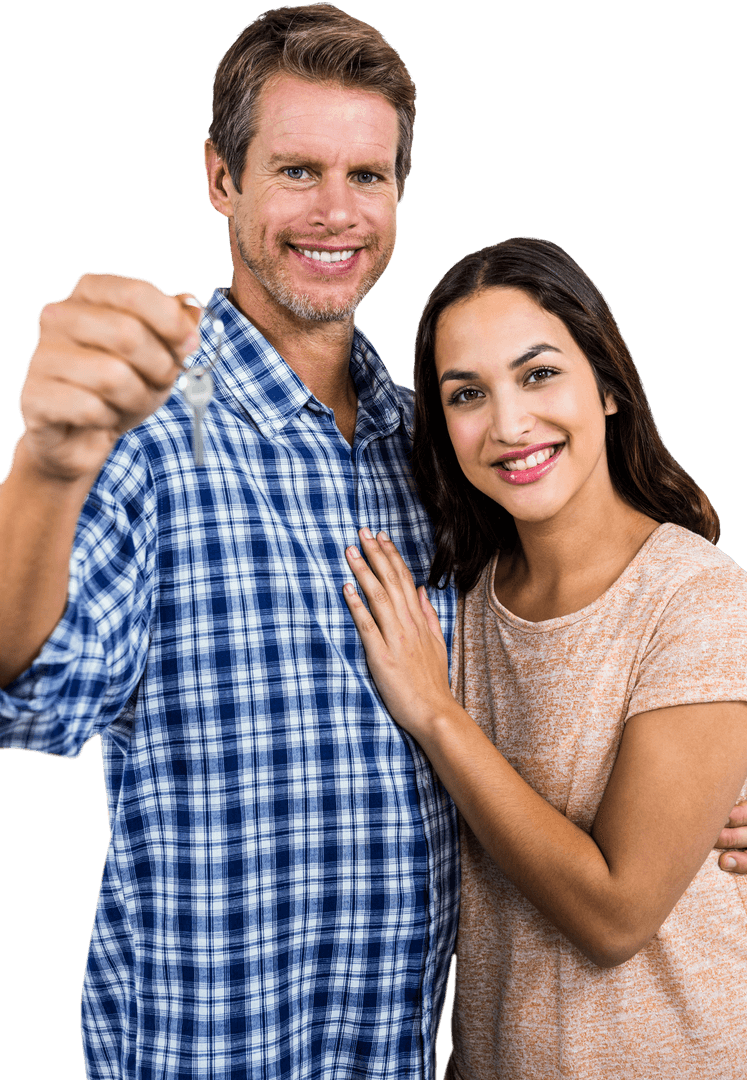 Smiling Couple Holding House Keys on Transparent Background