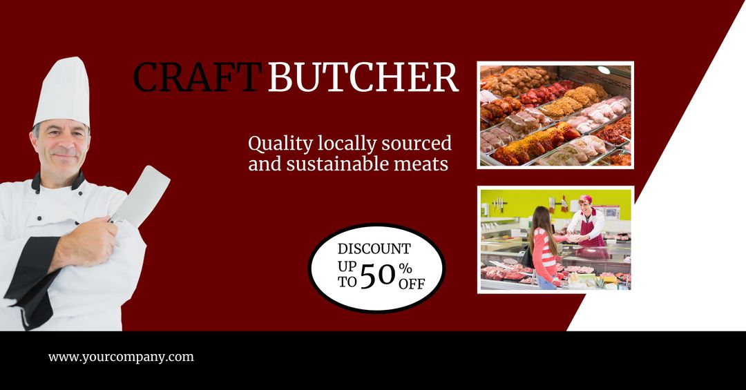 Artisanal butchery promotion with chef and fresh meats display