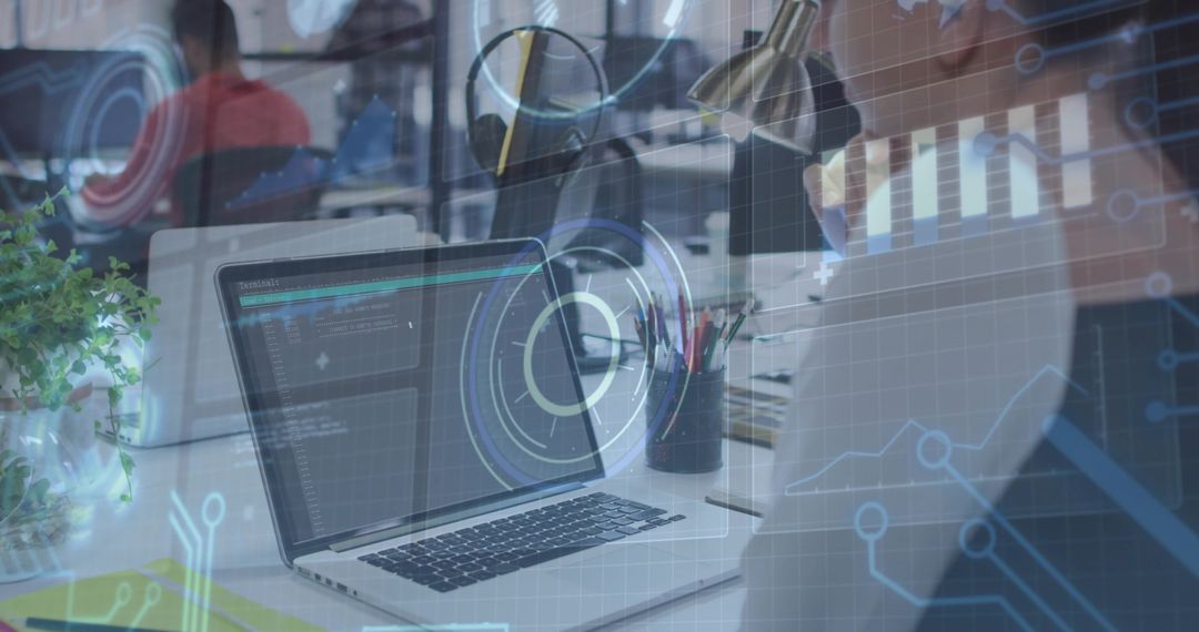 Woman Coding in Open-Plan Office with Futuristic Overlay Elements