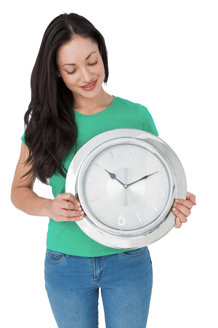 Transparent Woman Holding Large Silver Wall Clock Smiling