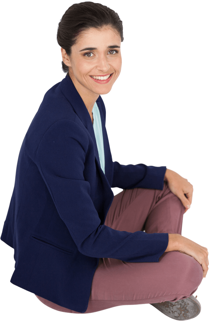 Transparent High Angle of Smiling Businesswoman Sitting Casually